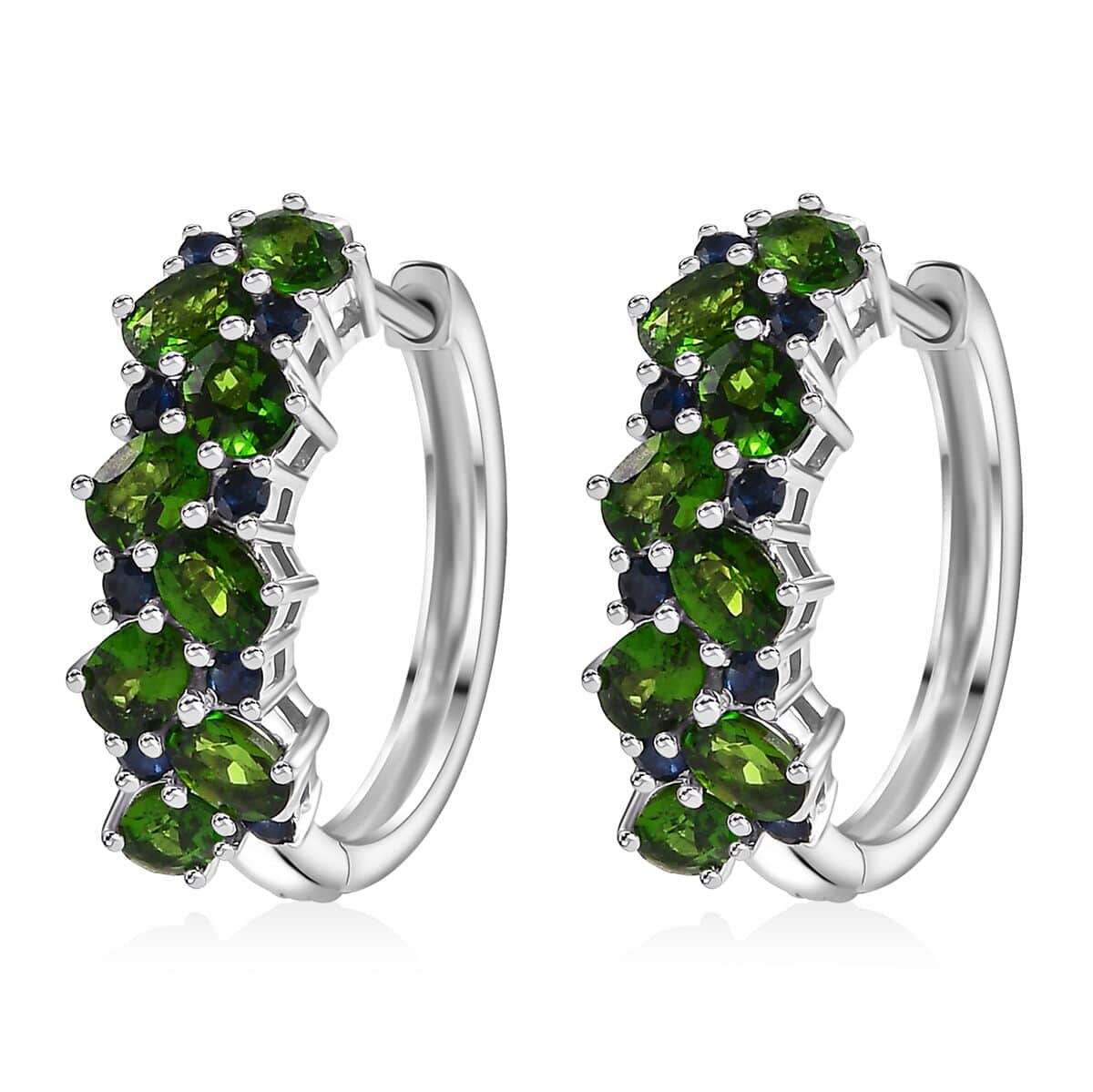 Chrome Diopside and Blue Sapphire 3.50 ctw Natural Blooming Hoop Earrings in Rhodium Over Sterling Silver image number 3