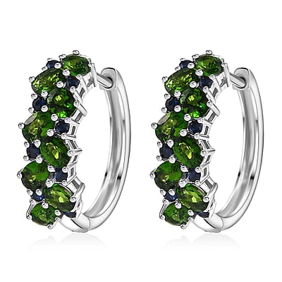 D'Joy Chrome Diopside and Blue Sapphire 3.50 ctw Natural Blooming Hoop Earrings in Rhodium Over Sterling Silver