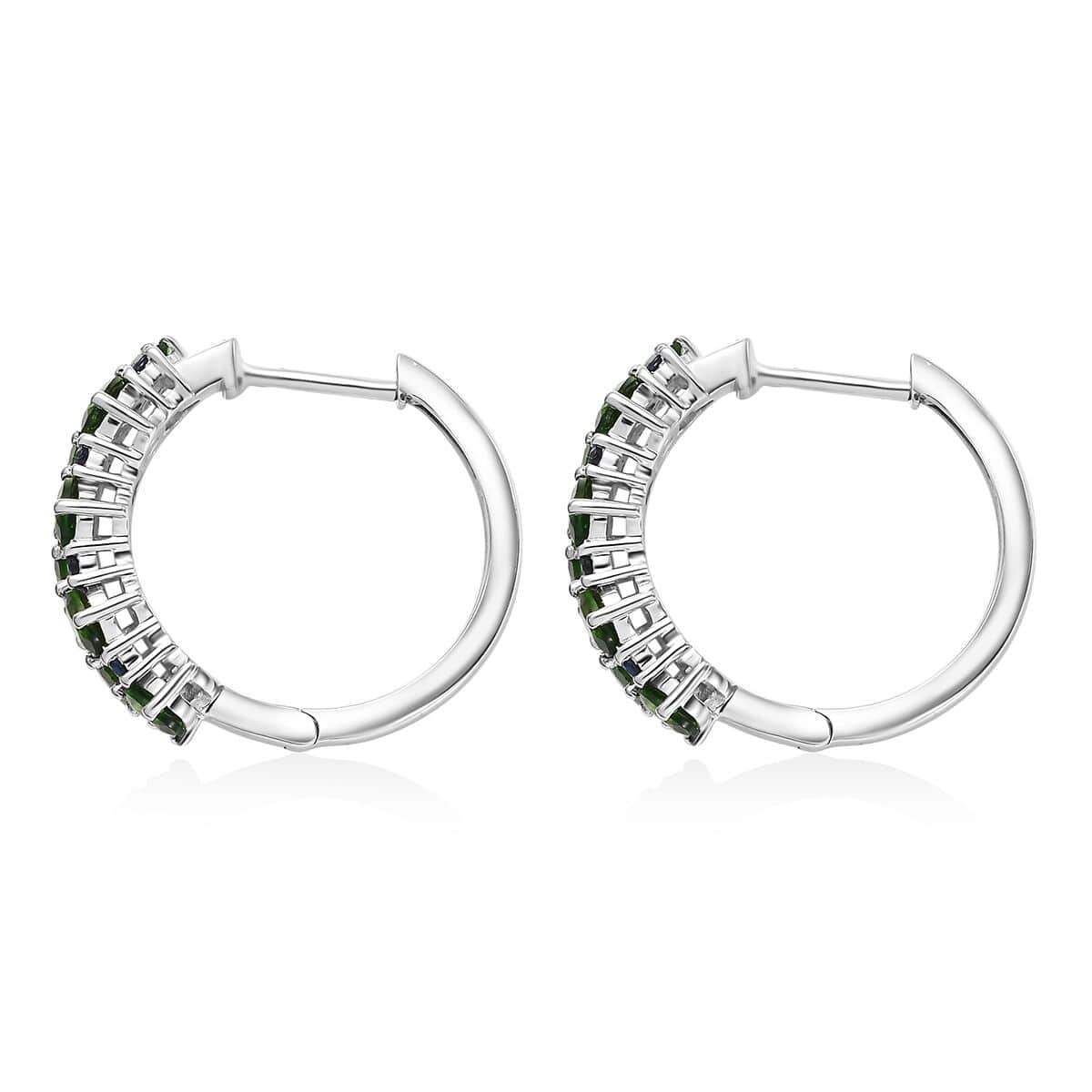 Chrome Diopside and Blue Sapphire 3.50 ctw Natural Blooming Hoop Earrings in Rhodium Over Sterling Silver image number 4