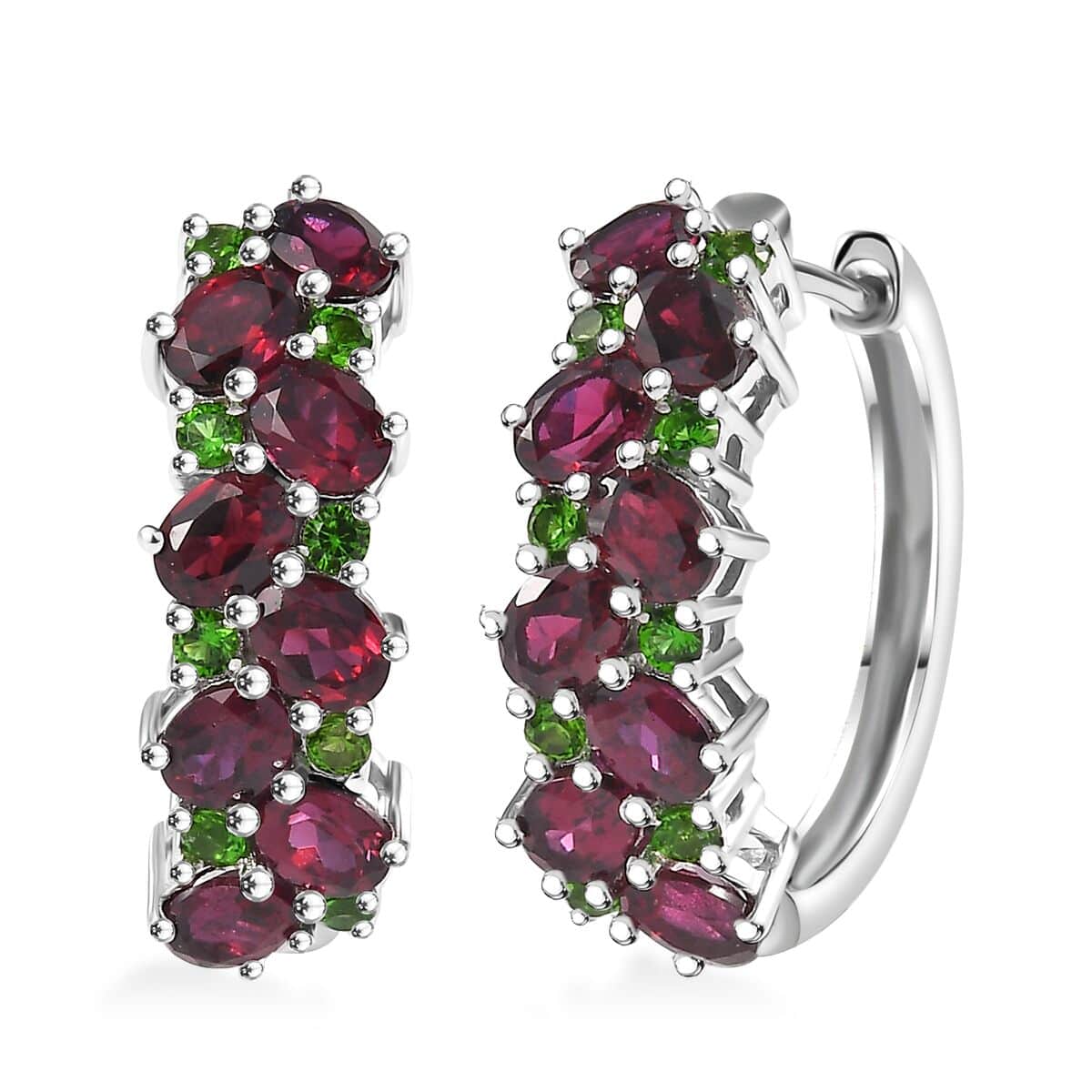 Anthill Garnet and Chrome Diopside 3.65 ctw Natural Blooming Hoop Earrings in Rhodium Over Sterling Silver image number 0