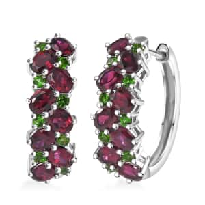 Anthill Garnet and Chrome Diopside 3.65 ctw Natural Blooming Hoop Earrings in Rhodium Over Sterling Silver