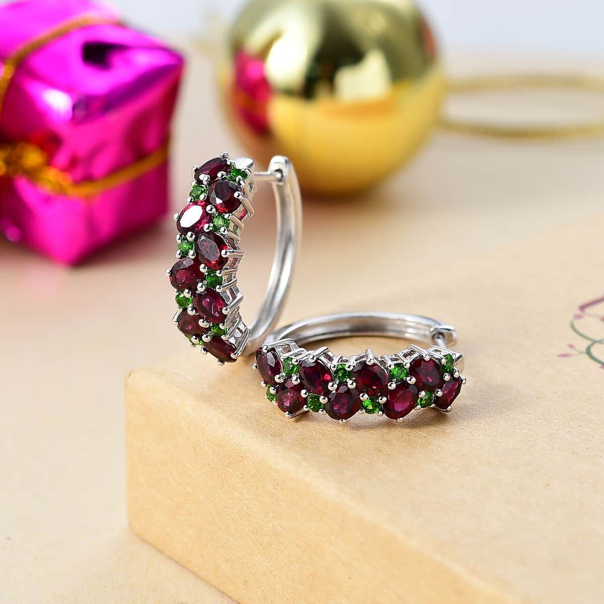 Anthill Garnet and Chrome Diopside 3.65 ctw Natural Blooming Hoop Earrings in Rhodium Over Sterling Silver image number 1