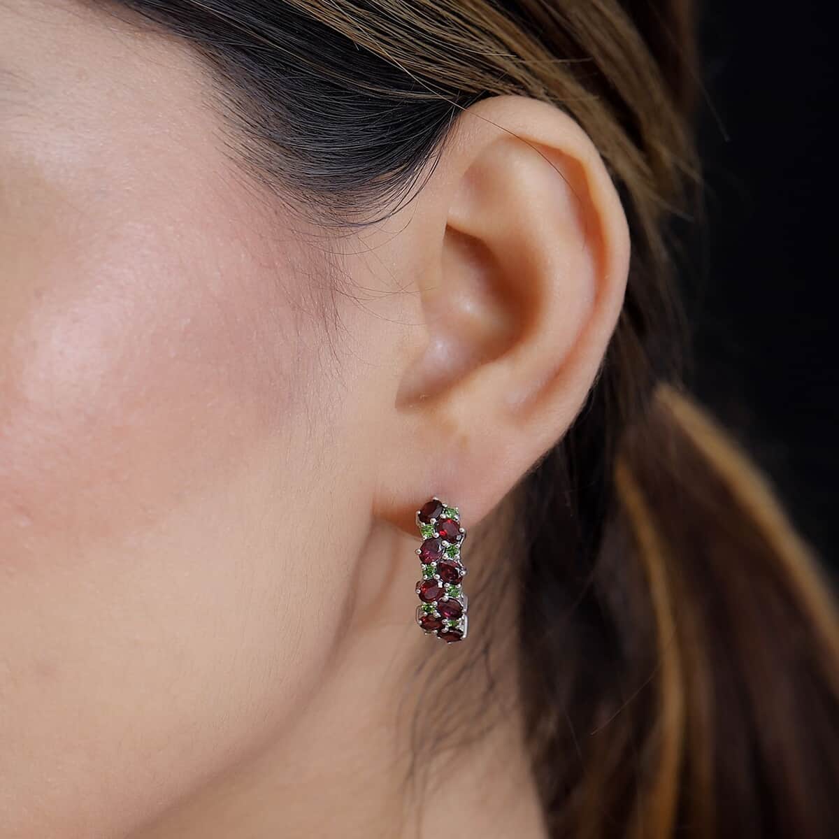 Anthill Garnet and Chrome Diopside 3.65 ctw Natural Blooming Hoop Earrings in Rhodium Over Sterling Silver image number 2