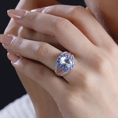 Premium Mangoro Aquamarine and Multi Gemstone 4.10 ctw Floral Harmony Ring in Vermeil RG and Rhodium Over Sterling Silver (Size 10.0)