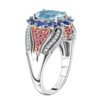 Premium Mangoro Aquamarine and Multi Gemstone 4.10 ctw Floral Harmony Ring in Vermeil RG and Rhodium Over Sterling Silver (Size 10.0)