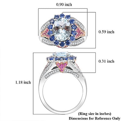 Premium Mangoro Aquamarine and Multi Gemstone 4.10 ctw Floral Harmony Ring in Vermeil RG and Rhodium Over Sterling Silver (Size 10.0)