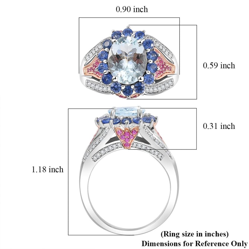 Premium Mangoro Aquamarine and Multi Gemstone 4.10 ctw Floral Harmony Ring in Vermeil RG and Rhodium Over Sterling Silver (Size 10.0)