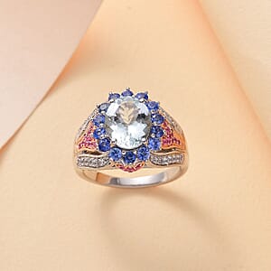 D'Joy Premium Mangoro Aquamarine and Multi Gemstone 4.10 ctw Floral Harmony Ring in Vermeil RG and Rhodium Over Sterling Silver (Size 7.0)