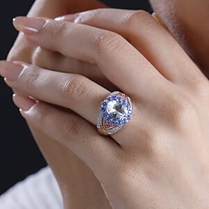 D'Joy Premium Mangoro Aquamarine and Multi Gemstone 4.10 ctw Floral Harmony Ring in Vermeil RG and Rhodium Over Sterling Silver (Size 7.0)