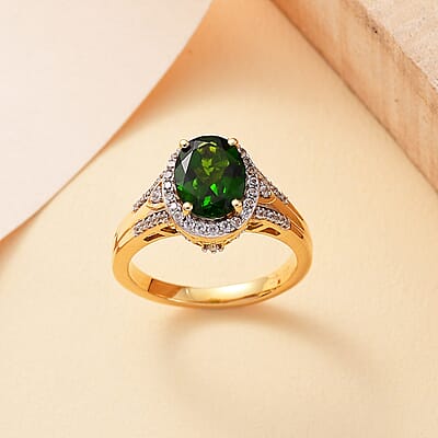 Chrome Diopside and White Zircon 2.35 ctw Halo Ring in 18K Vermeil Yellow Gold Over Sterling Silver (Size 10.0)