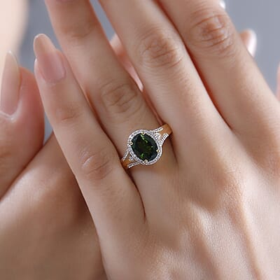 Chrome Diopside and White Zircon 2.35 ctw Halo Ring in 18K Vermeil Yellow Gold Over Sterling Silver (Size 10.0)