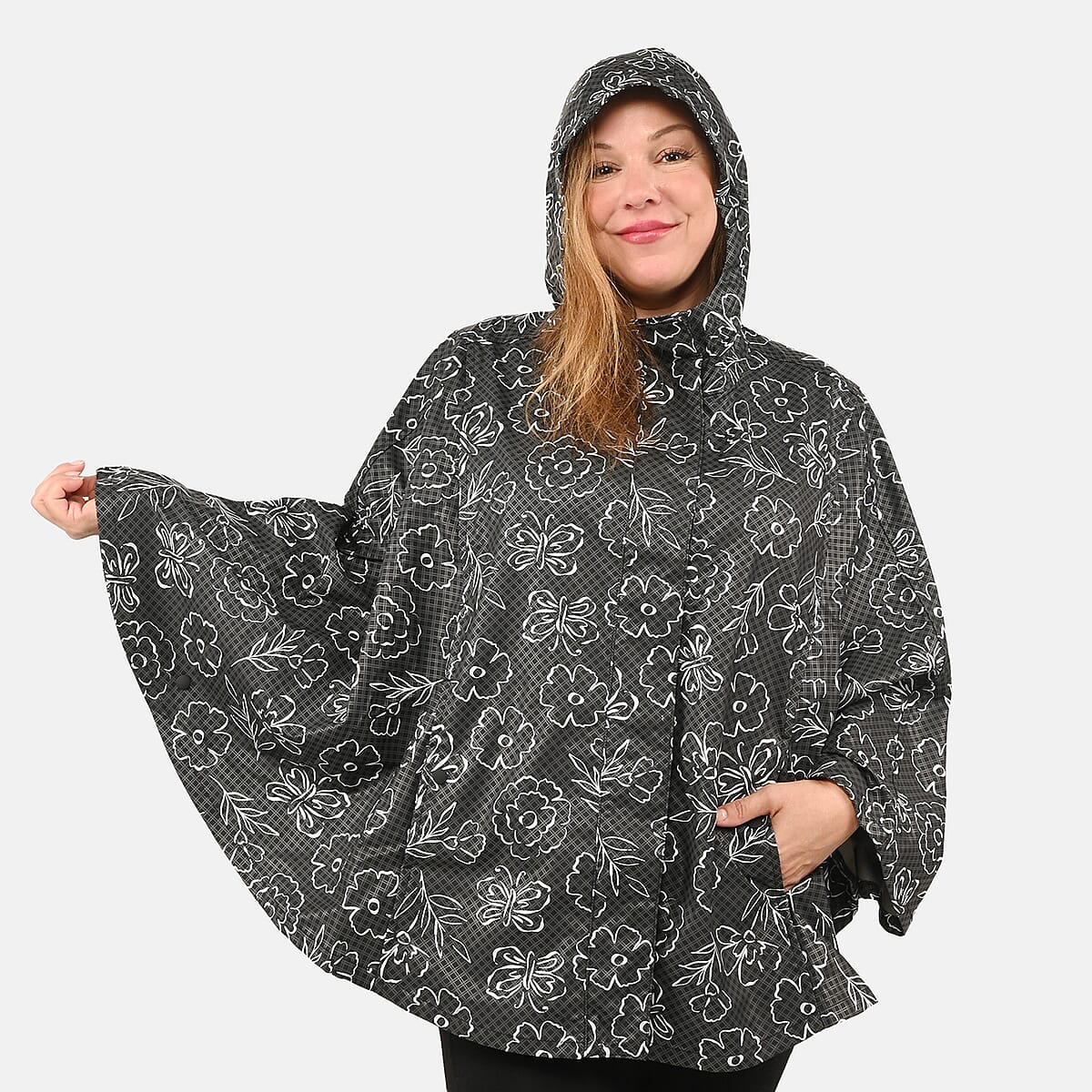 Closeout ShedRain GOGO Women's Raincoat Poncho - Black Floral Size S/M image number 3