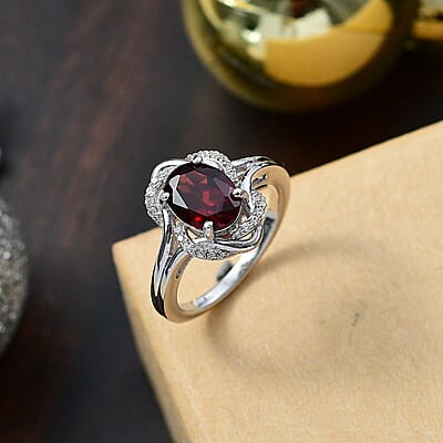 D'Joy Mozambique Garnet and White Zircon 2.50 ctw Scarlet Wave Ring in Rhodium Over Sterling Silver (Size 10.0)