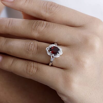 D'Joy Mozambique Garnet and White Zircon 2.50 ctw Scarlet Wave Ring in Rhodium Over Sterling Silver (Size 10.0)