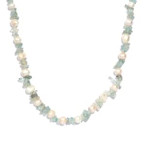 White Freshwater Pearl and Aquamarine Beaded 55.00 ctw Necklace 20 Inches in Stainless Steel