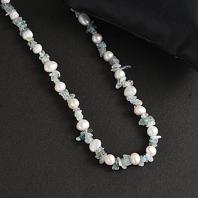 White Freshwater Pearl and Aquamarine Beaded 55.00 ctw Necklace 20 Inches in Stainless Steel