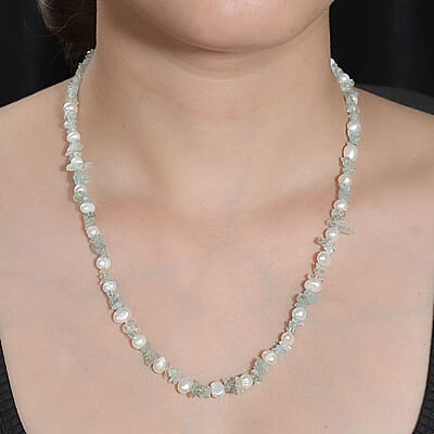 White Freshwater Pearl and Aquamarine Beaded 55.00 ctw Necklace 20 Inches in Stainless Steel