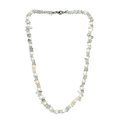White Freshwater Pearl and Aquamarine Beaded 55.00 ctw Necklace 20 Inches in Stainless Steel