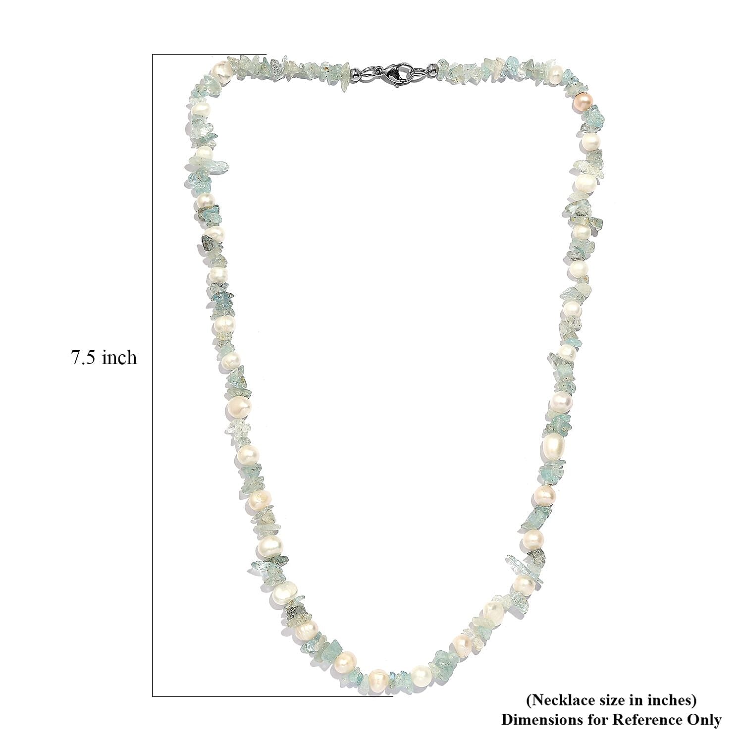 White Freshwater Pearl and Aquamarine Beaded 55.00 ctw Necklace 20 Inches in Stainless Steel