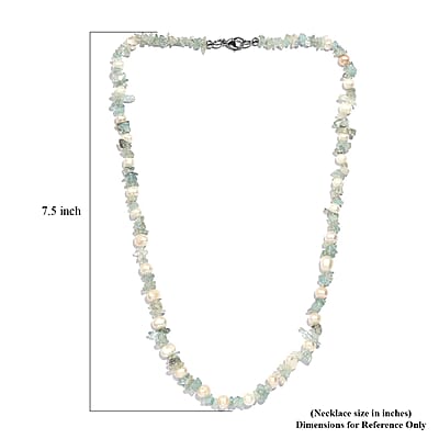 White Freshwater Pearl and Aquamarine Beaded 55.00 ctw Necklace 20 Inches in Stainless Steel