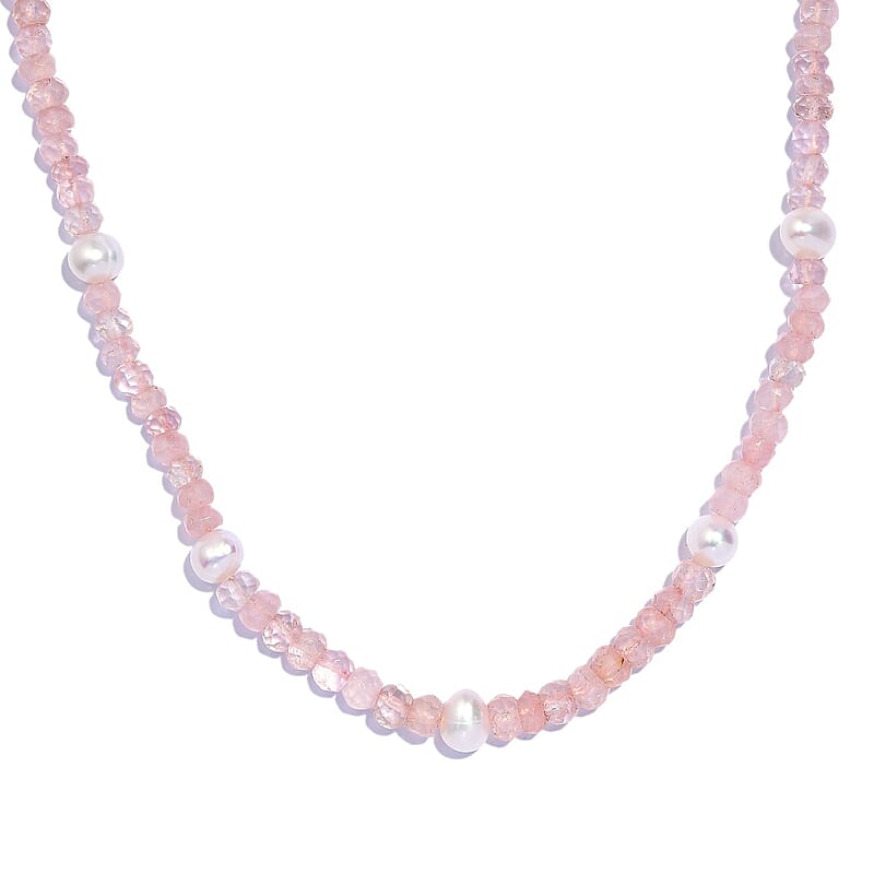 Galilea Rose Quartz and Pearl Beaded 66.00 ctw Necklace 20 Inches in Rhodium Over Sterling Silver