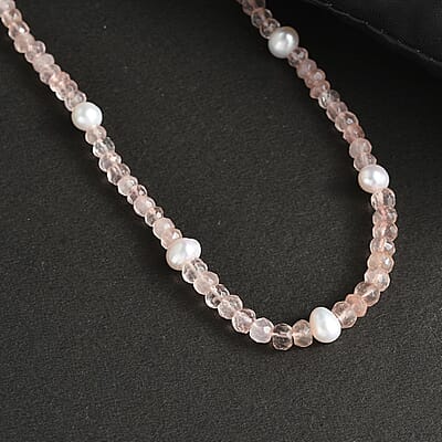 Galilea Rose Quartz and Pearl Beaded 66.00 ctw Necklace 20 Inches in Rhodium Over Sterling Silver