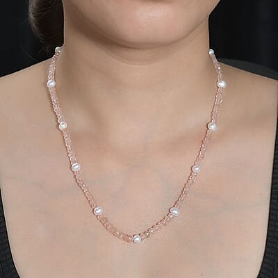 Galilea Rose Quartz and Pearl Beaded 66.00 ctw Necklace 20 Inches in Rhodium Over Sterling Silver