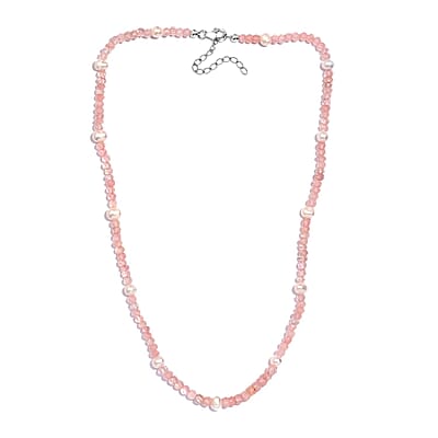 Galilea Rose Quartz and Pearl Beaded 66.00 ctw Necklace 20 Inches in Rhodium Over Sterling Silver