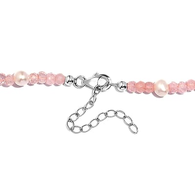 Galilea Rose Quartz and Pearl Beaded 66.00 ctw Necklace 20 Inches in Rhodium Over Sterling Silver