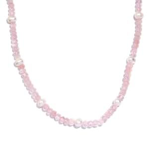 Galilea Rose Quartz and Pearl Beaded 60.00 ctw Necklace 20 Inches in Rhodium Over Sterling Silver