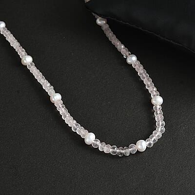 Galilea Rose Quartz and Pearl Beaded 60.00 ctw Necklace 20 Inches in Rhodium Over Sterling Silver