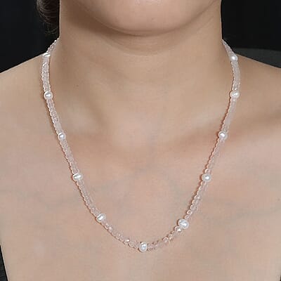 Galilea Rose Quartz and Pearl Beaded 60.00 ctw Necklace 20 Inches in Rhodium Over Sterling Silver