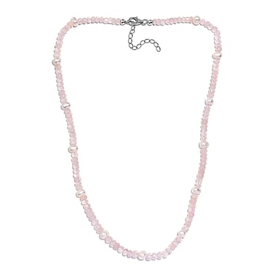 Galilea Rose Quartz and Pearl Beaded 60.00 ctw Necklace 20 Inches in Rhodium Over Sterling Silver