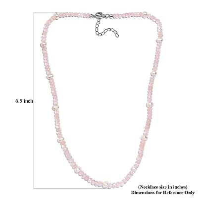 Galilea Rose Quartz and Pearl Beaded 60.00 ctw Necklace 20 Inches in Rhodium Over Sterling Silver