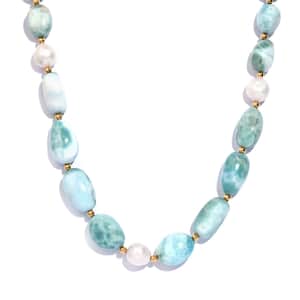 Larimar and Pearl Beaded 210.00 ctw Necklace 20 Inches in 18K Yellow Gold Over Sterling Silver