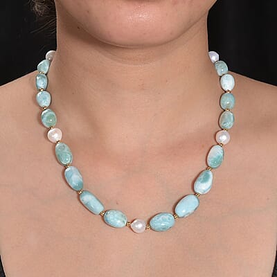 Larimar and Pearl Beaded 210.00 ctw Necklace 20 Inches in 18K Yellow Gold Over Sterling Silver