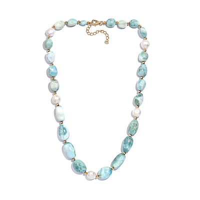 Larimar and Pearl Beaded 210.00 ctw Necklace 20 Inches in 18K Yellow Gold Over Sterling Silver