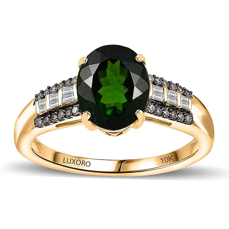 Luxoro 10K Yellow Gold AAA Chrome Diopside, Natural Champagne and White Diamond (I2) (0.20 cts) Bridge Ring (Size 5.0) 2.90 ctw