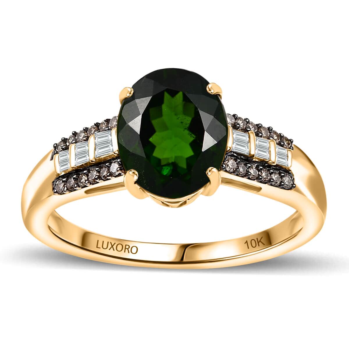 Luxoro AAA Chrome Diopside, Natural Champagne and White Diamond I2 2.90 ctw Bridge Ring in 10K Yellow Gold (Size 6.0) image number 0