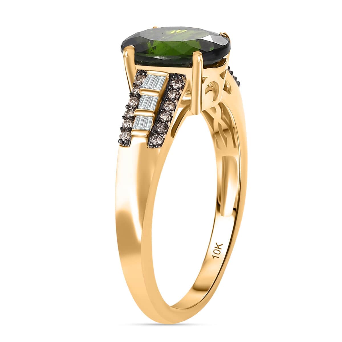 Luxoro AAA Chrome Diopside, Natural Champagne and White Diamond I2 2.90 ctw Bridge Ring in 10K Yellow Gold (Del. in 8-10 Days) image number 3