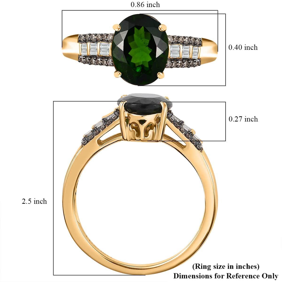 Luxoro AAA Chrome Diopside, Natural Champagne and White Diamond I2 2.90 ctw Bridge Ring in 10K Yellow Gold (Size 6.0) image number 5