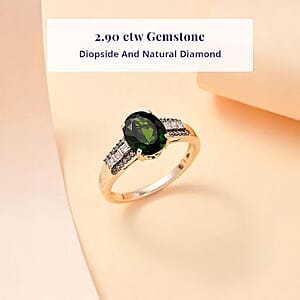 Luxoro AAA Chrome Diopside, Natural Champagne and White Diamond I2 2.90 ctw Bridge Ring in 10K Yellow Gold (Size 7.0)