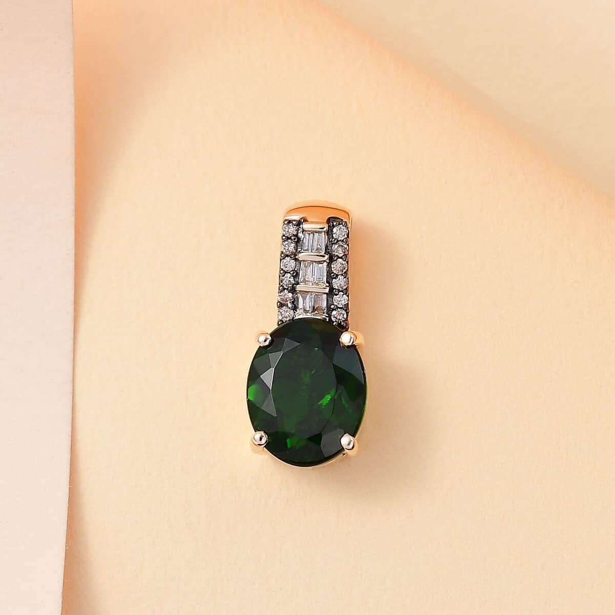 Luxoro AAA Chrome Diopside, Natural Champagne and White Diamond 2.90 ctw Bridge Pendant in 10K Yellow Gold image number 1