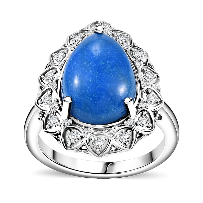 Ceruleite and Moissanite 5.00 ctw Floral Ring in Rhodium Over Sterling Silver (Size 10.0)