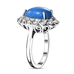 Ceruleite and Moissanite 5.00 ctw Floral Ring in Rhodium Over Sterling Silver (Size 10.0)