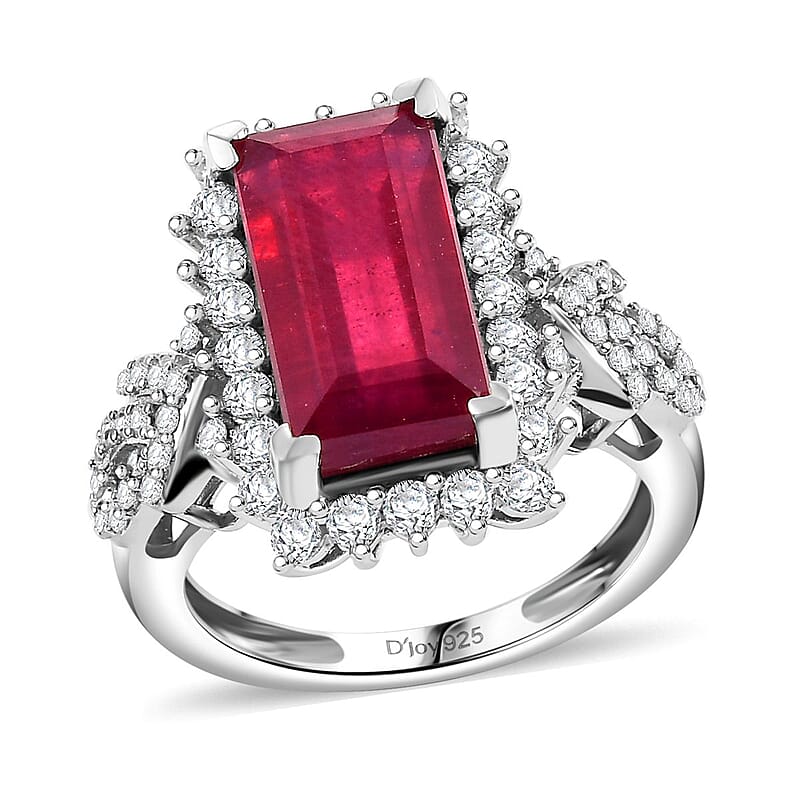 D'Joy Niassa Ruby (FF) and White Zircon 8.10 ctw Scarlet Flame Ring in Rhodium Over Sterling Silver (Size 10.0)