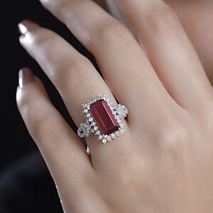 D'Joy Niassa Ruby (FF) and White Zircon 8.10 ctw Scarlet Flame Ring in Rhodium Over Sterling Silver (Size 10.0)