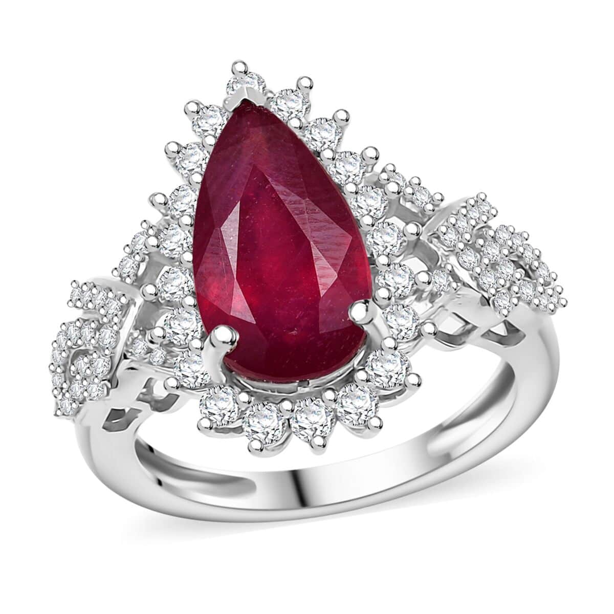 Doorbuster AAA Niassa Ruby (FF) and White Zircon 5.30 ctw Scarlet Flame Ring in Rhodium Over Sterling Silver (Size 10.0) image number 0