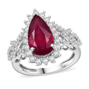 Doorbuster AAA Niassa Ruby (FF) and White Zircon 5.30 ctw Scarlet Flame Ring in Rhodium Over Sterling Silver (Size 10.0)