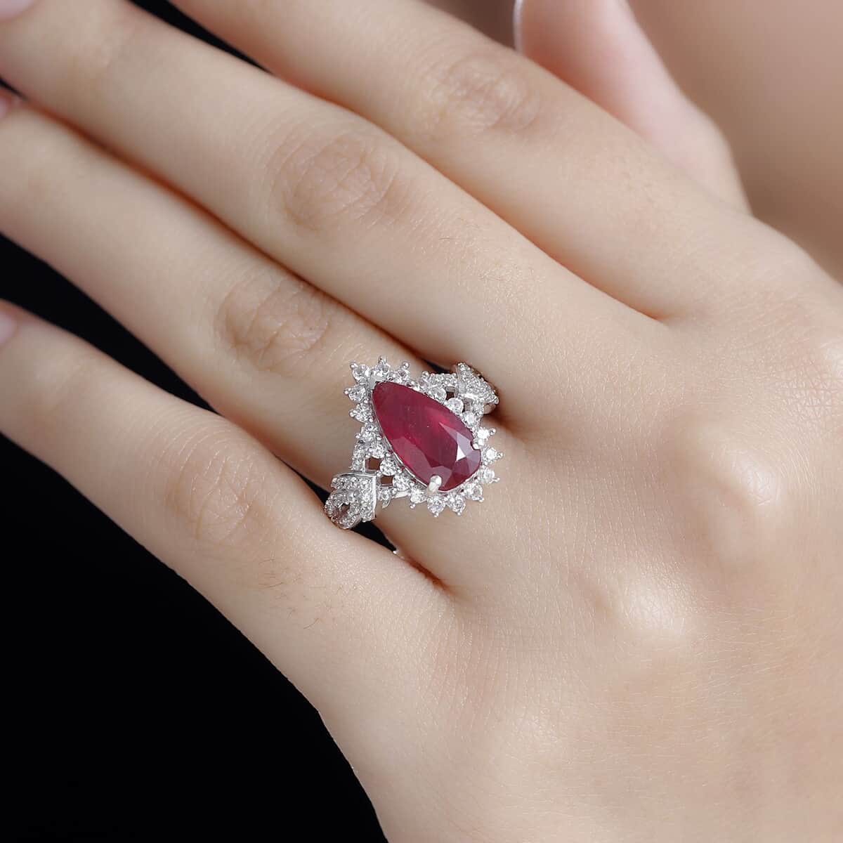 Doorbuster AAA Niassa Ruby (FF) and White Zircon 5.30 ctw Scarlet Flame Ring in Rhodium Over Sterling Silver (Size 10.0) image number 2